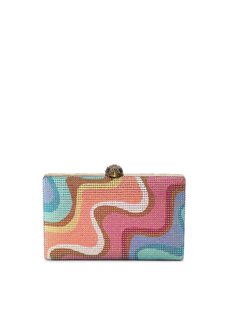 Clutch con un motivo a spirale multicolore in materiale metallico testurizzato, adornato con una chiusura in tonalità oro a forma di rana.