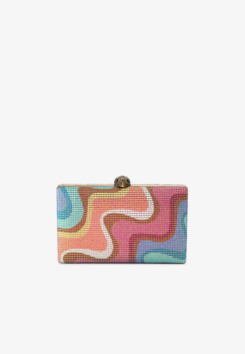 Clutch con un motivo a spirale multicolore in materiale metallico testurizzato, adornato con una chiusura in tonalità oro a forma di rana.