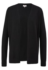 Svart stickad cardigan med långa ärmar, öppen framsidesdesign, ribbade ärmslut och nederkant, slät textur, lämplig för lager-på-lager.