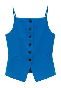 Niebieski top bez rękawów z cienkimi ramiączkami, z przodem zapinanym na guziki oraz dwoma bocznymi kieszeniami. Gładka tkanina i dopasowany krój.