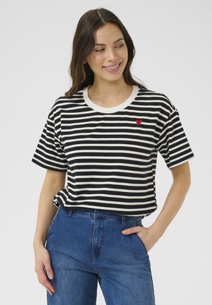 Black and white striped T-shirt with a round neckline, featuring a small red heart embroidery on the left chest. Casual fit, soft fabric.