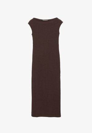 Robe midi marron foncé sans manches, à encolure large et coupe droite, présentée sur un fond blanc.