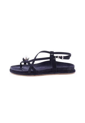 Black flat sandal with thin crisscross suede straps, toe loop, and adjustable ankle buckle on a light sole.