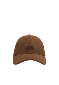 Brown corduroy baseball cap with a rounded crown, stiff brim, and embroidered "BOSS" logo in matching color on the front.