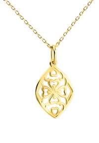 Gul vedhænger halskæde med et indviklet hjerte mønster, tåreformet, og en delikat kæde. Den samlede finish er poleret og reflekterende.