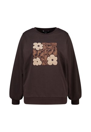 Sweat-shirt à manches longues marron foncé avec poignets côtelés, ornée d'une broderie florale texturée beige et marron centrée sur la poitrine.