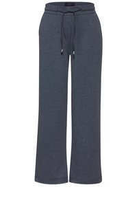Dunkelblaue, weit geschnittene Sweatpants mit einem Kordelzugbund, aus weichem Stoff hergestellt, mit einer glatten Textur und subtilen Akzenten.