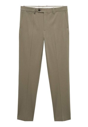Beige maßgeschneiderte Hose aus glattem Stoff, mit flachem Frontdesign, zwei Seitentaschen und einem Knopfverschluss. Dünne vertikale Streifen im gesamten Stoff.