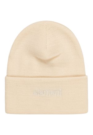 Bonnet en tricot de couleur beige clair, doté d'un revers et d'un logo brodé discret. Texture douce avec des côtes fines sur toute la surface.