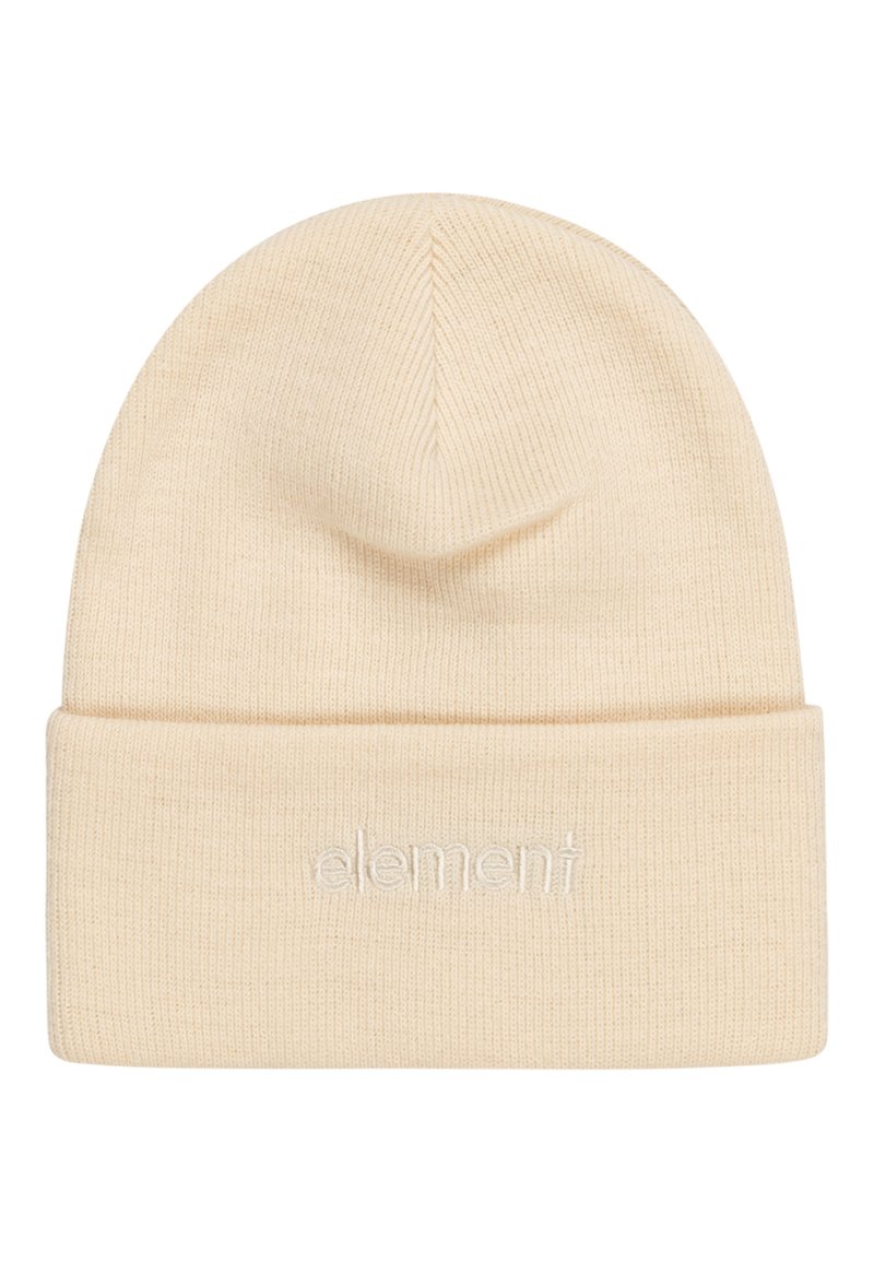 Berretto in maglia di un beige chiaro, con risvolto e logo ricamato discreto. Texture morbida con fine costina su tutta la superficie.