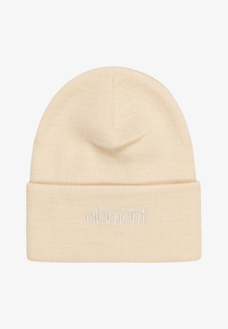 Knit beanie in light beige, featuring a folded cuff and subtle embroidered logo. Soft texture with fine ribbing throughout.