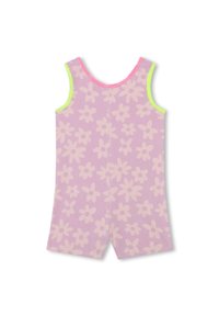 Romper sans manches rose avec un motif de fleurs blanches, des bordures vert fluo et un col rose. Tissu doux et design short.