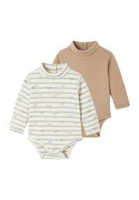 Zwei langärmelige Bodysuits: einer in Creme mit blauen Streifen und Tiermotiven, der andere in einfarbigen Beige. Beide haben hohe Kragen und Druckknopfverschlüsse.