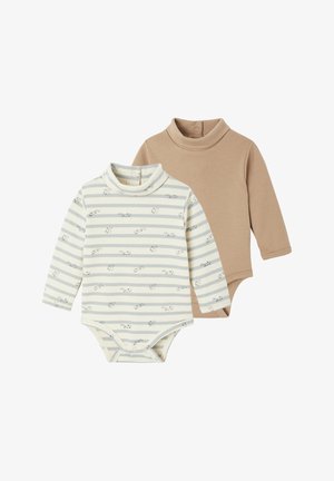 Two long-sleeve bodysuits: one cream with blue stripes and animal prints, the other solid beige. Both have high collars and snap closures.