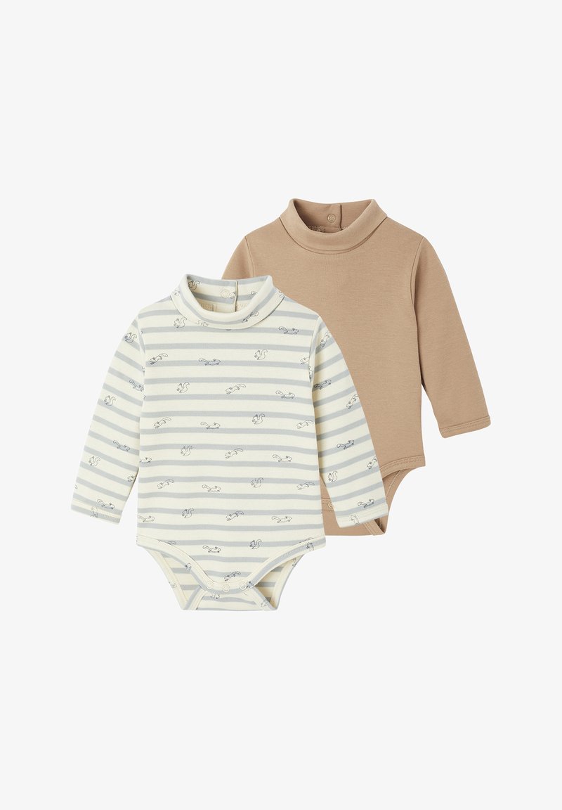 Zwei langärmelige Bodysuits: einer in Creme mit blauen Streifen und Tiermotiven, der andere in einfarbigen Beige. Beide haben hohe Kragen und Druckknopfverschlüsse.