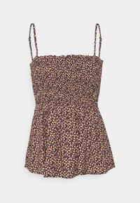 Camisole top s květinovým vzorem a tenkými nastavovacími ramínky. Nařasený korzet v tmavě fialové barvě se malými bílými, žlutými a modrými květinami. Rozšířená spodní část.