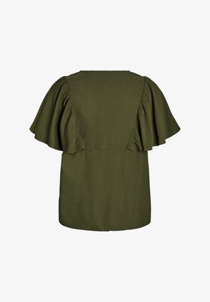 Olive green blouse featuring short, flutter sleeves and a relaxed fit. Textured fabric with a smooth finish and a modest neckline.