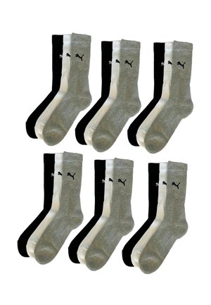 Sechs Paar Socken in Schwarz- und Grautönen mit geripptem Design und kontrastierenden weißen Bündchen; das Logo ist auf jeder Socke sichtbar.