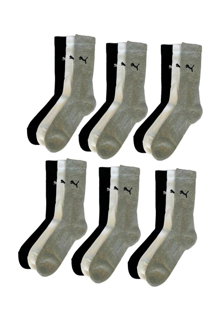 Sechs Paar Socken in Schwarz- und Grautönen mit geripptem Design und kontrastierenden weißen Bündchen; das Logo ist auf jeder Socke sichtbar.