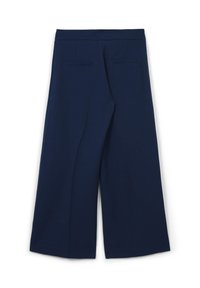 Marineblaue weite Hose aus glattem Stoff, mit zwei Gesäßtaschen und einem schlichten Bunddesign. Die Beine sind gefaltet für einen eleganten Look.