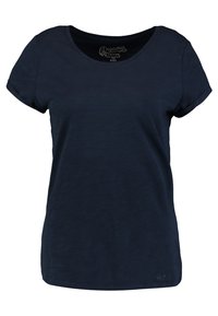 Granatowy bawełniany t-shirt organiczny z kr�ótkimi podwiniętymi rękawami, dekoltem typu karo i fakturowanym wykończeniem. Prosta, casualowa stylizacja bez wzorów.