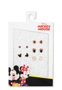 Set di orecchini a perno a tema Topolino, caratterizzati da cuori rossi, silhouette di topi neri e design di mani bianche, esposti su un confezionamento a carta.