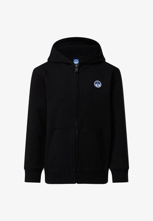 Sweat à capuche noir à fermeture éclair complète avec poches avant, poignets côtelés et petit logo circulaire bleu et blanc sur la poitrine gauche.