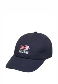 Gorra de béisbol azul marino hecha de algodón, con diseños bordados en rosa y coral, que dice "RUCA" en la parte frontal.