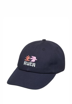 Cappellino da baseball blu navy in cotone, con ricami rosa e corallo che leggono "RUCA" sul davanti.