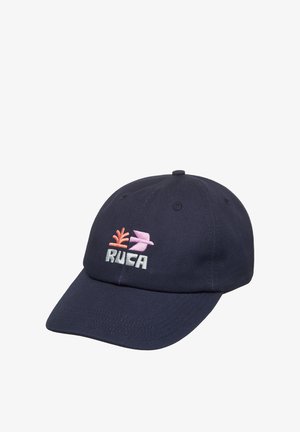 Marineblaue Baseballmütze aus Baumwolle, mit gestickten Designs in Pink und Koralle, auf der Vorderseite steht "RUCA".