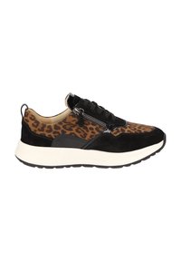 Sneaker mit einem Obermaterial aus schwarzem Wildleder und Leopardenmuster, mit einem Reißverschluss, schwarzen Schnürsenkeln und einer weißen Zwischensohle mit schwarzer Außensohle.