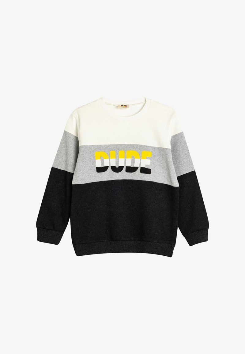 Sudadera tipo crewneck en gris, blanco y negro con la palabra "Dude" en letras amarillas y negras en el pecho; con puños y dobladillo acanalados.
