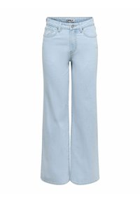 Lyseblå vidbukser laget av denim, med høy midje, frontlommer og en klassisk knapp-glidelås lukking.