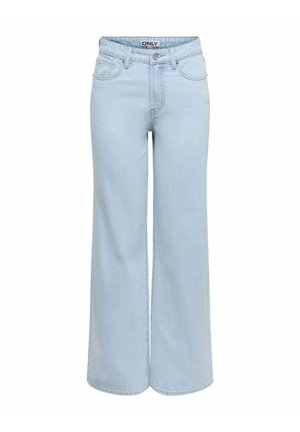 Jean large en denim bleu clair, doté d'une taille haute, de poches avant et d'une fermeture classique à bouton et zip.