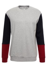 Felpa grigia con maniche lunghe; la manica sinistra è blu navy, la manica destra è rosso scuro. Collo rotondo, vestibilità comoda, tessuto morbido.