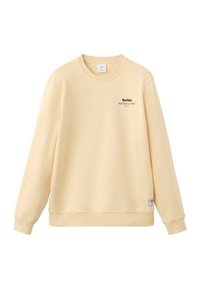 Gele katoenen sweatshirt met lange mouwen, ronde hals en een kleine zwarte tekstprint met de tekst "Barcelona" op de borst. Klassieke pasvorm.