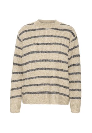 Beige villapaita tummanharmailla raidoilla, pyöreä pääntie, ribattuja hihansuita ja helmaa, pehmeä rakenne, suora malli ja ilman kiinnityksiä.