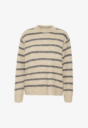 Jersey de lana beige con rayas gris oscuro, cuello redondo, puños y dobladillo acanalados, textura suave, corte recto y sin cierres.