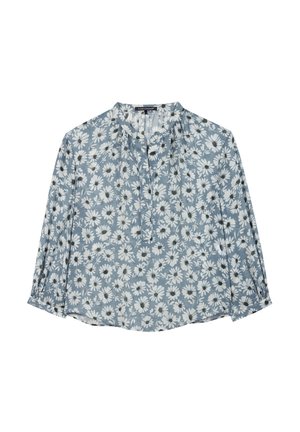 Light blue blouse made of floral fabric, featuring white daisies and black centers, with a mandarin collar and three-quarter sleeves.