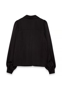 Blusa nera con una texture liscia e lucida. Presenta un colletto classico e maniche lunghe a sbuffo. La vista posteriore mostra una vestibilità sagomata e senza chiusure visibili.