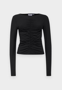 Svart langermet topp laget av elastisk stoff, med en rynket design front, rund hals og en tettsittende fasong.