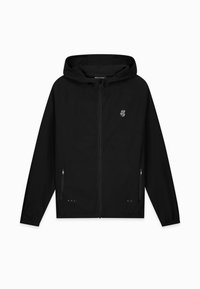 Zwarte zip-up hoodie met een gladde textuur, voorzien van zijzakken, een minimalistisch logo en een naadloos schouderontwerp.