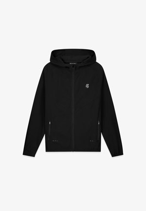 Zwarte zip-up hoodie met een gladde textuur, voorzien van zijzakken, een minimalistisch logo en een naadloos schouderontwerp.