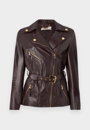 Dark brown leather biker jacket with gold zippers, snap buttons, and a matching belt at the waist, displayed on a plain background.