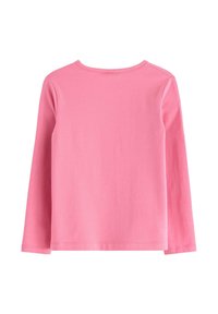 Camicia a maniche lunghe in cotone rosa uniforme, con scollatura rotonda e orli cuciti per una maggiore durata. Nessun motivo o accessorio aggiuntivo.