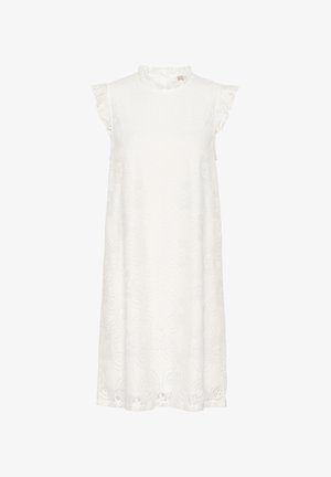 Valge kleit, millel on volangiga krae ja lühikesed varrukad, millel on tekstuuriga lilleline muster ja laineline äär.