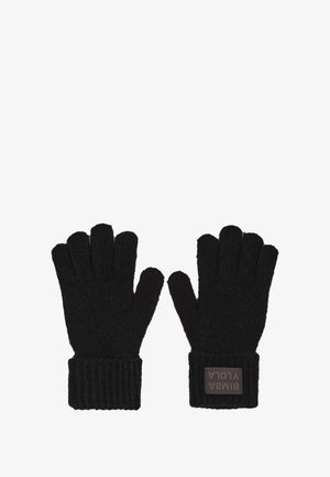 Czarne dziergane rękawiczki z prążkowanymi mankietami, z prostokątną brązową metką na nadgarstku z napisem "BIMBA Y LOLA" w pogrubionych literach.