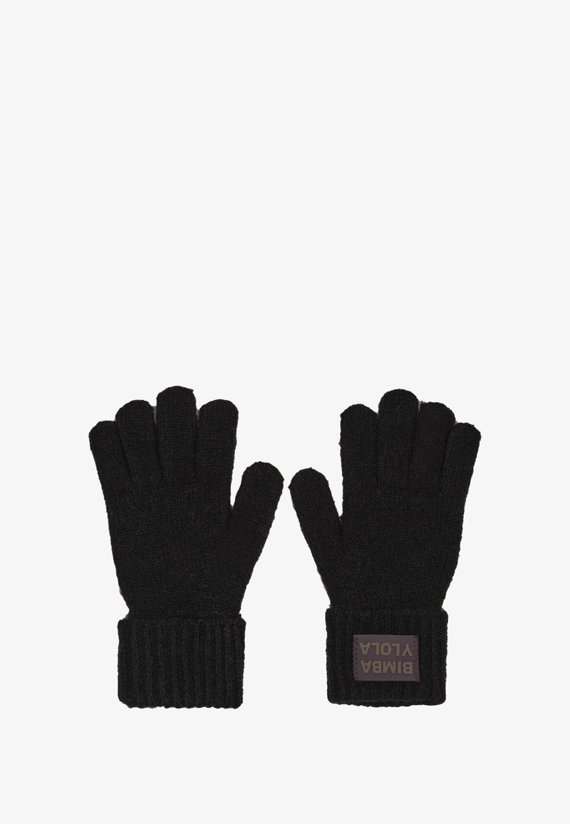 Czarne dziergane rękawiczki z prążkowanymi mankietami, z prostokątną brązową metką na nadgarstku z napisem "BIMBA Y LOLA" w pogrubionych literach.