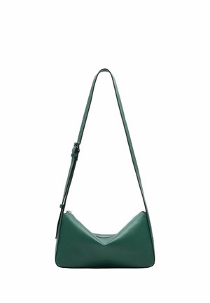 Green leather shoulder bag with adjustable strap and zippered main compartment, minimalist design with smooth texture.