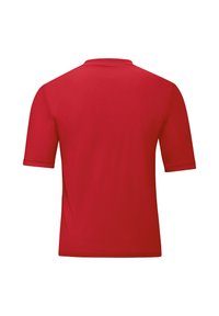 Red short-sleeve shirt made of lightweight fabric. Features a crew neck and a smooth texture with no visible patterns or accents.